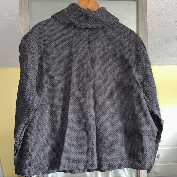 FLAX Linen Button Down Textured Dark Gray Jacket Lagenlook Blazer Pockets Large - Picture 7 of 13